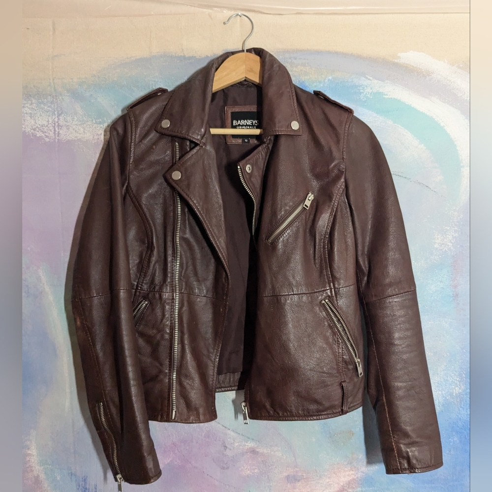 Barneys Originals Leather biker jacket moto brown S